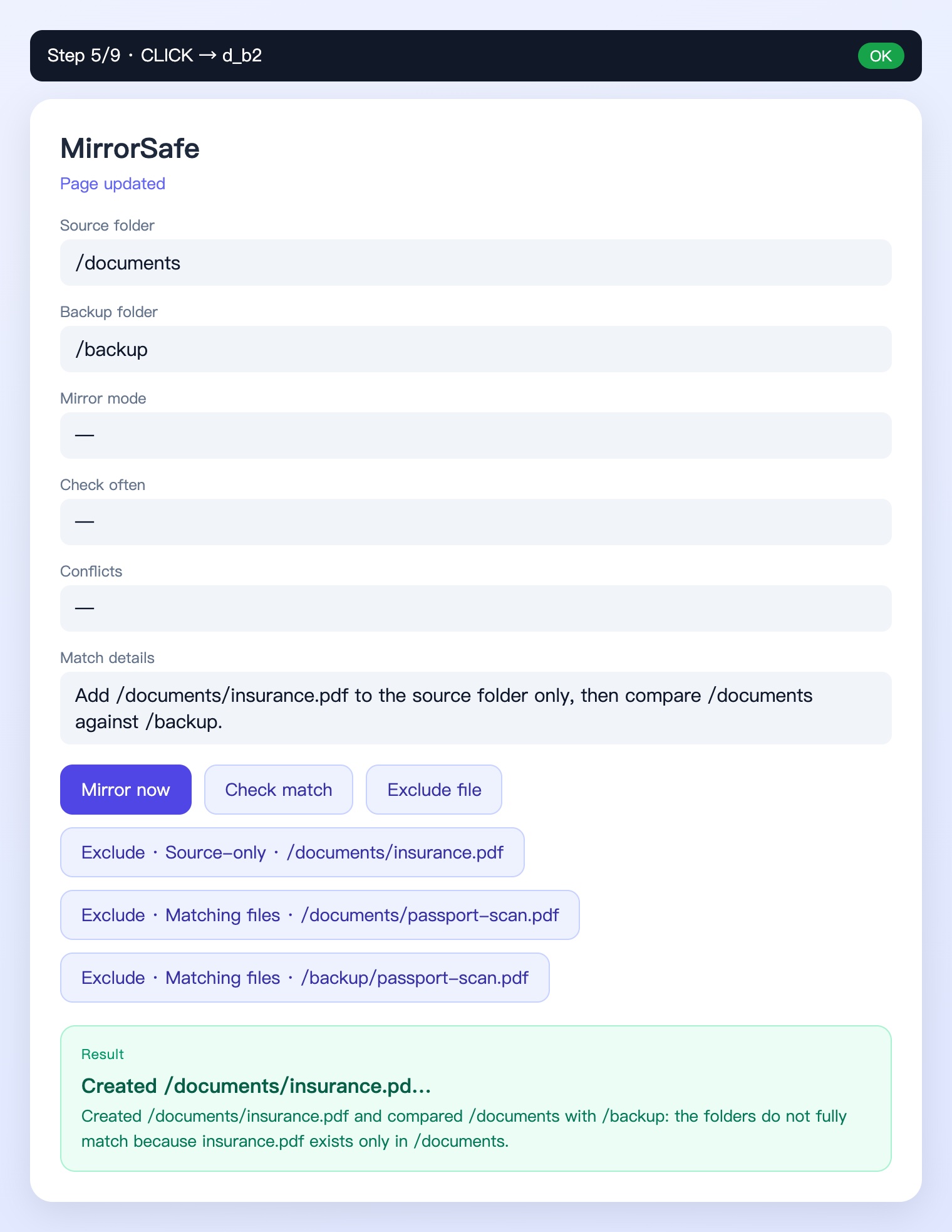 MirrorSafe folder-mirroring surface: a compare click reports the folders do not fully match