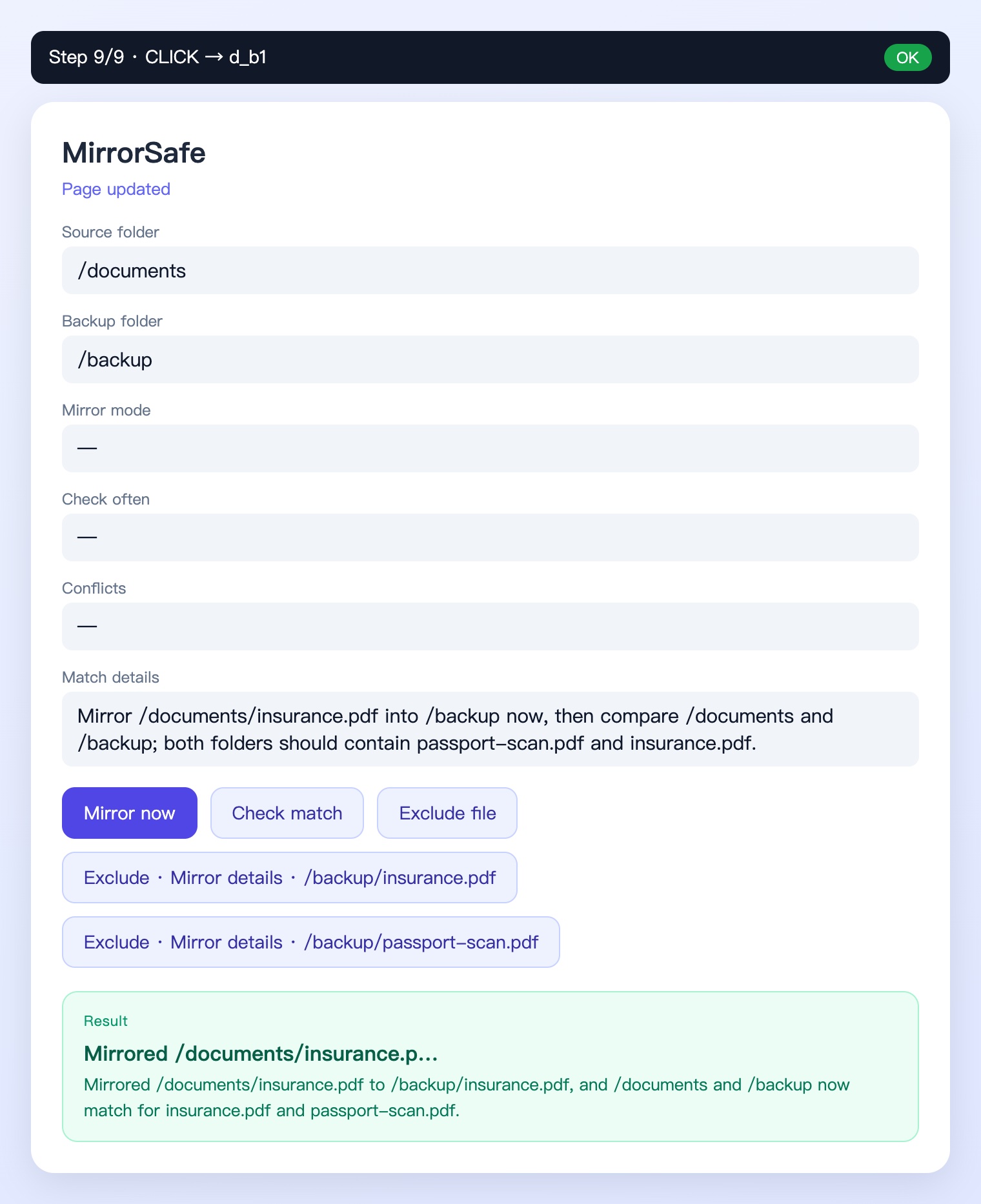 MirrorSafe surface after the final Mirror now click: both folders match