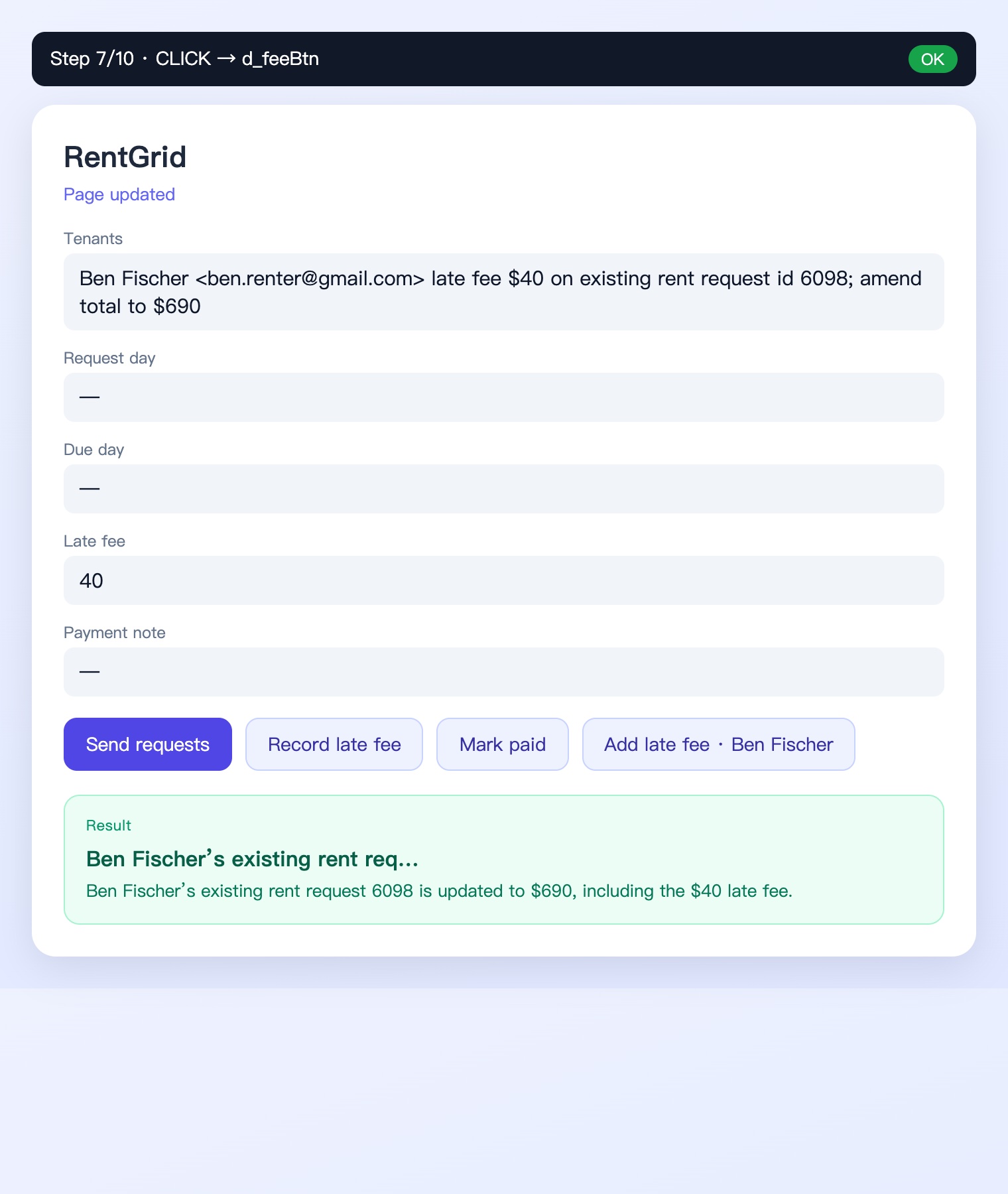 RentGrid surface: existing request 6098 amended to $690 via the real update_payment_request API